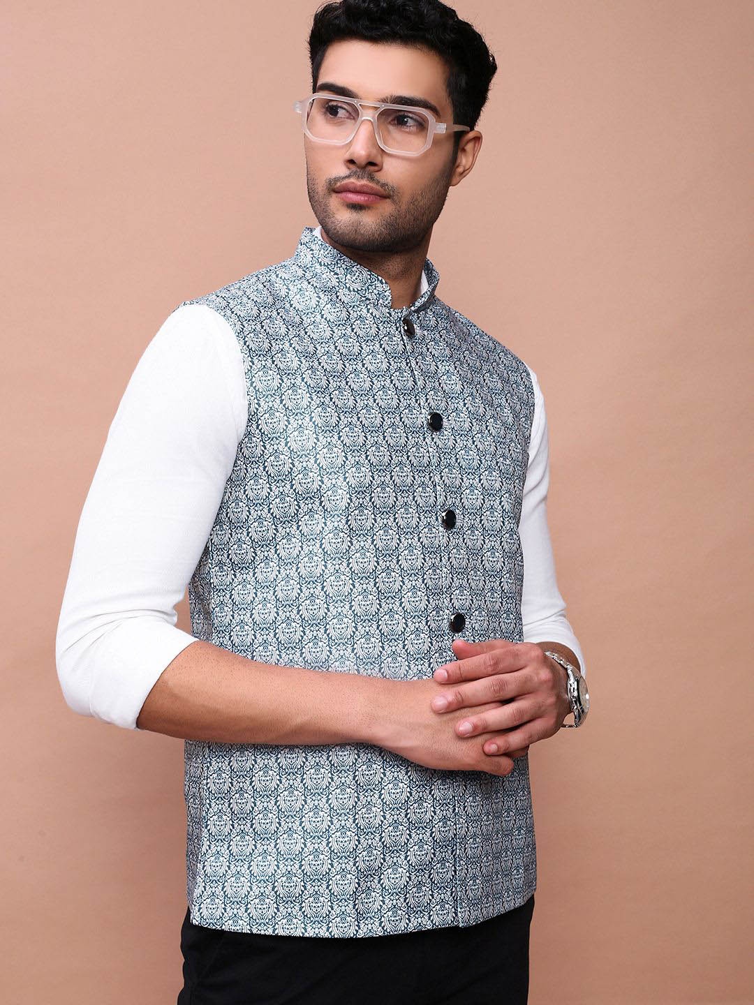 

SHOWOFF Printed Slim Fit Nehru Jacket, Teal