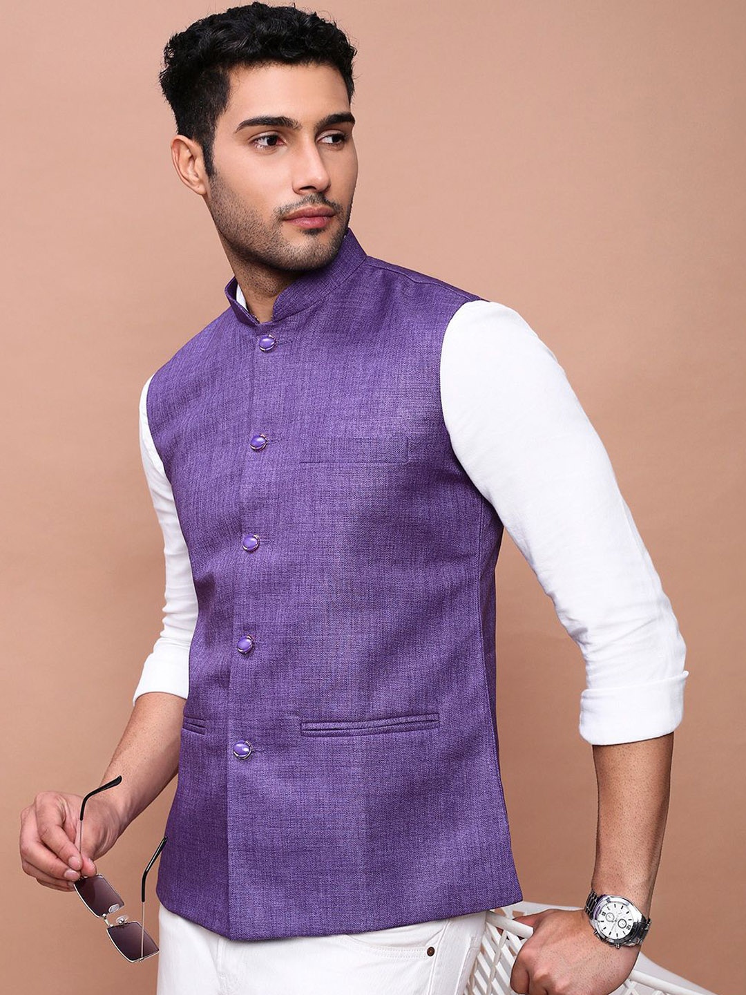 

SHOWOFF Men's Slim Fit With Mandarin Collar Nehru Jackets, Purple