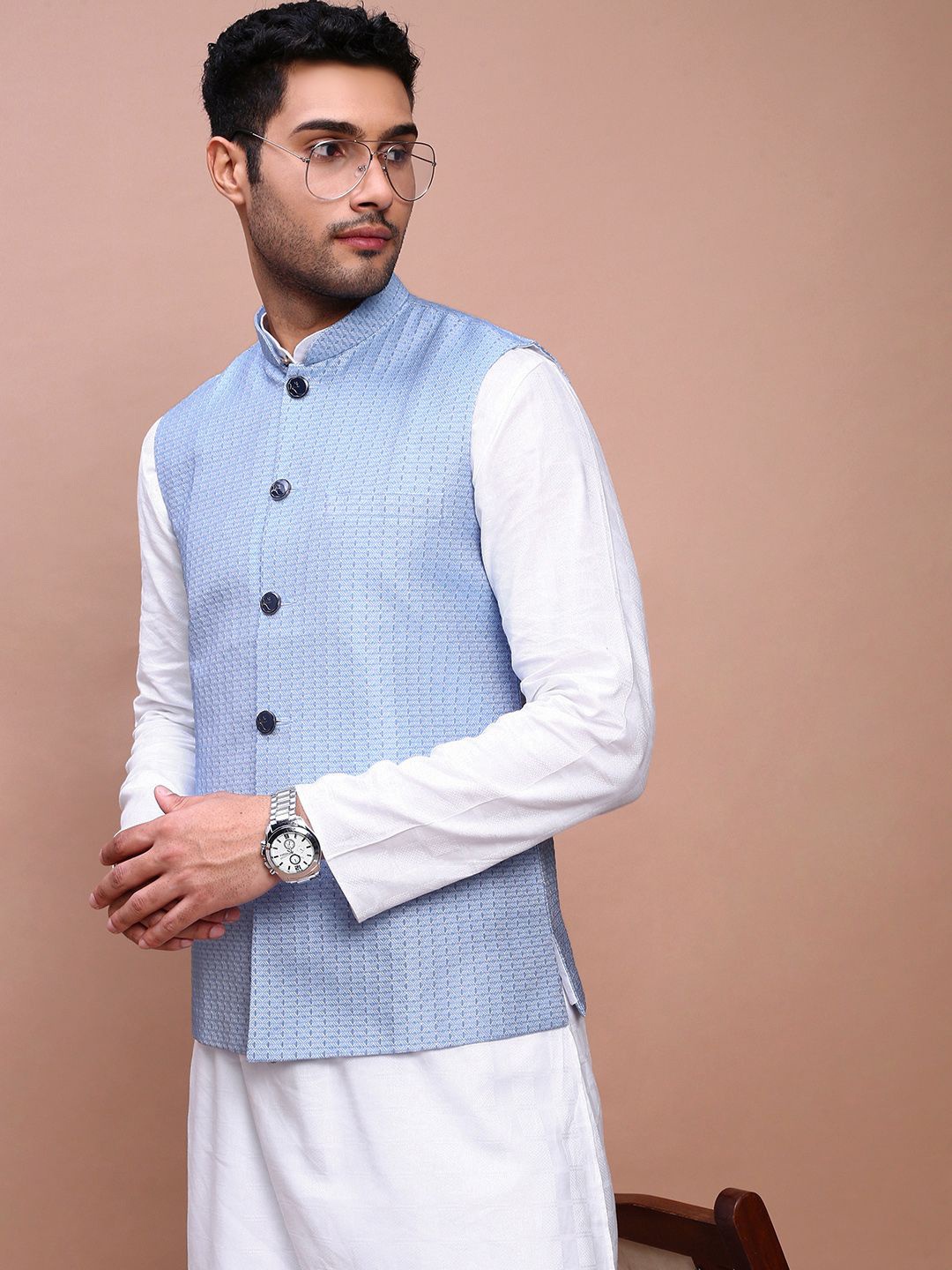 

SHOWOFF Men's Woven Design Slim Fit Nehru Jackets, Blue