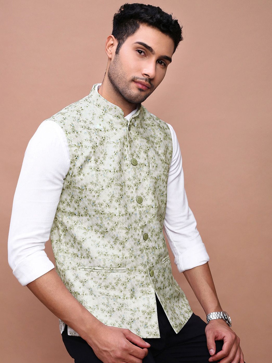 

SHOWOFF Printed Slim Fit Nehru Jacket, Green