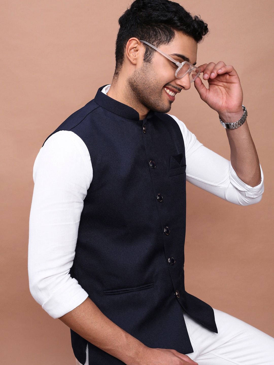 

SHOWOFF Men's Woven Design Slim-Fit Nehru Jackets, Navy blue