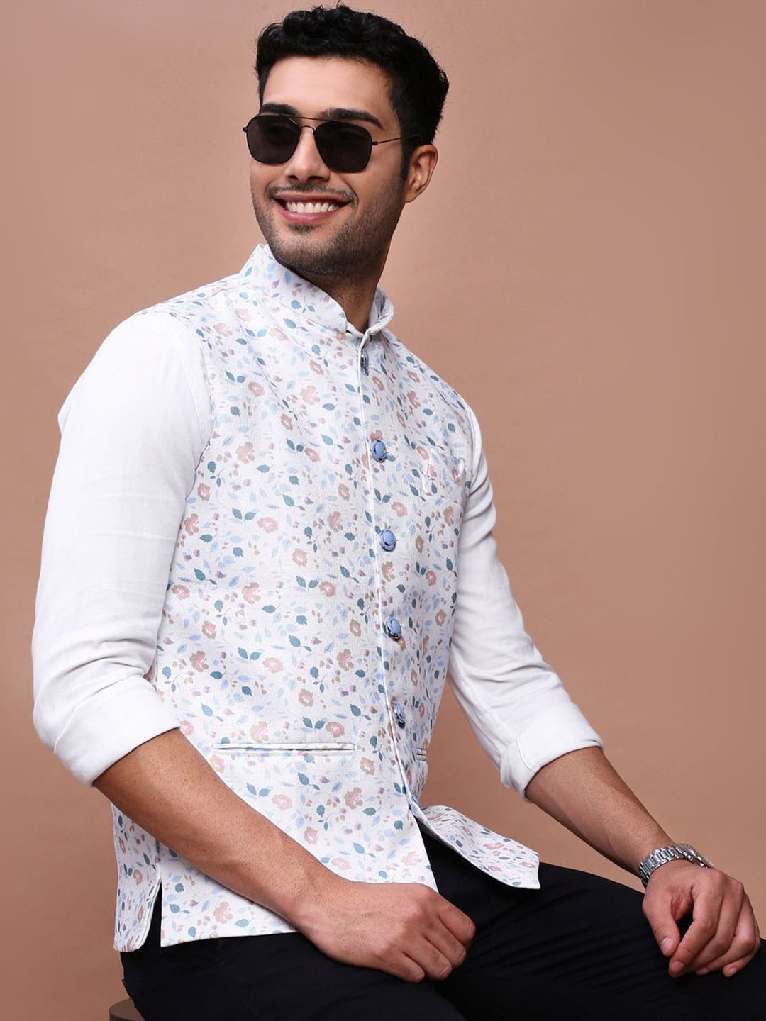 

SHOWOFF Men's Printed Slim Fit Nehru Jacket, Off white