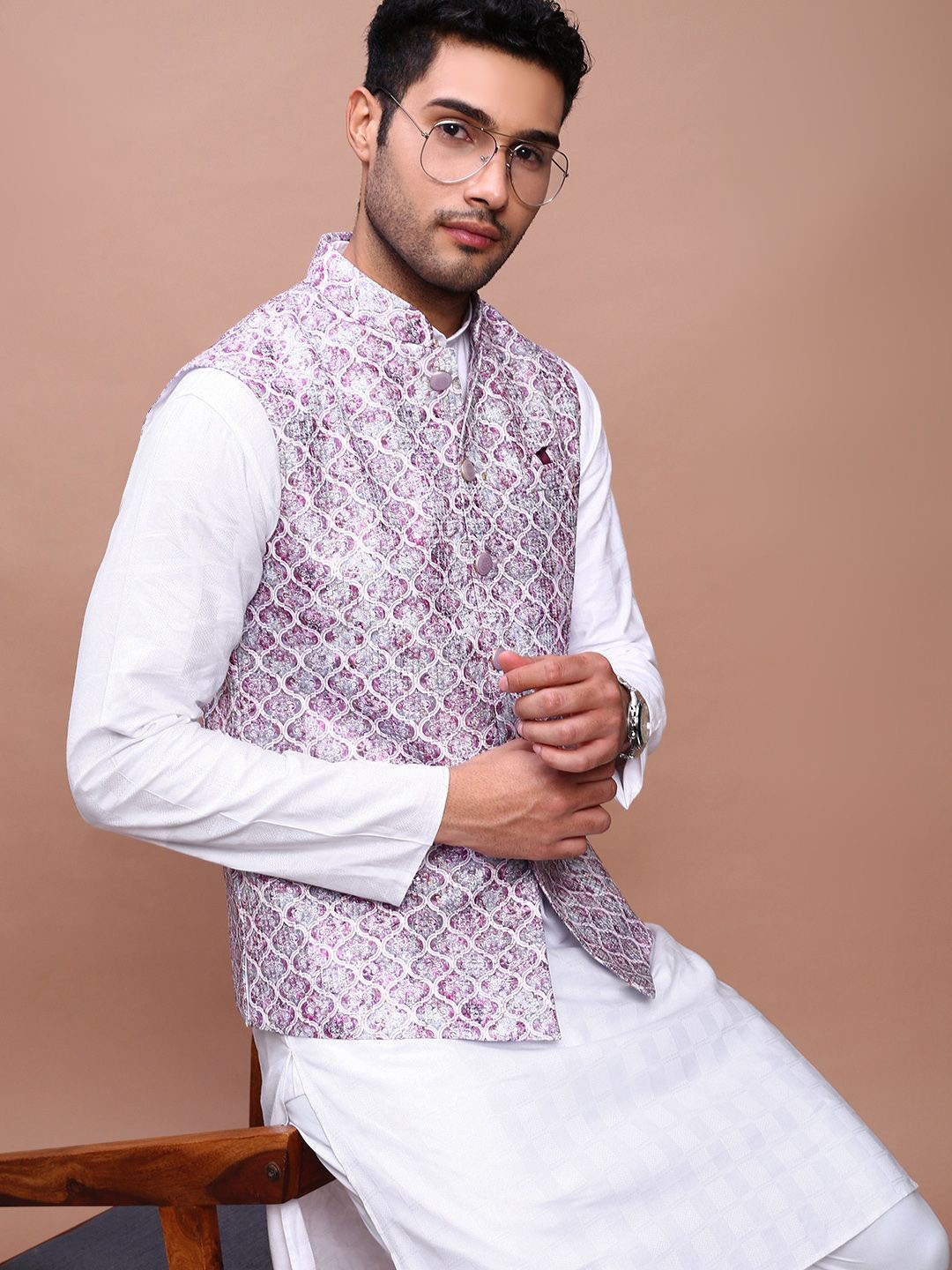 

SHOWOFF Men's Embroidered Slim Fit Nehru Jackets, Purple