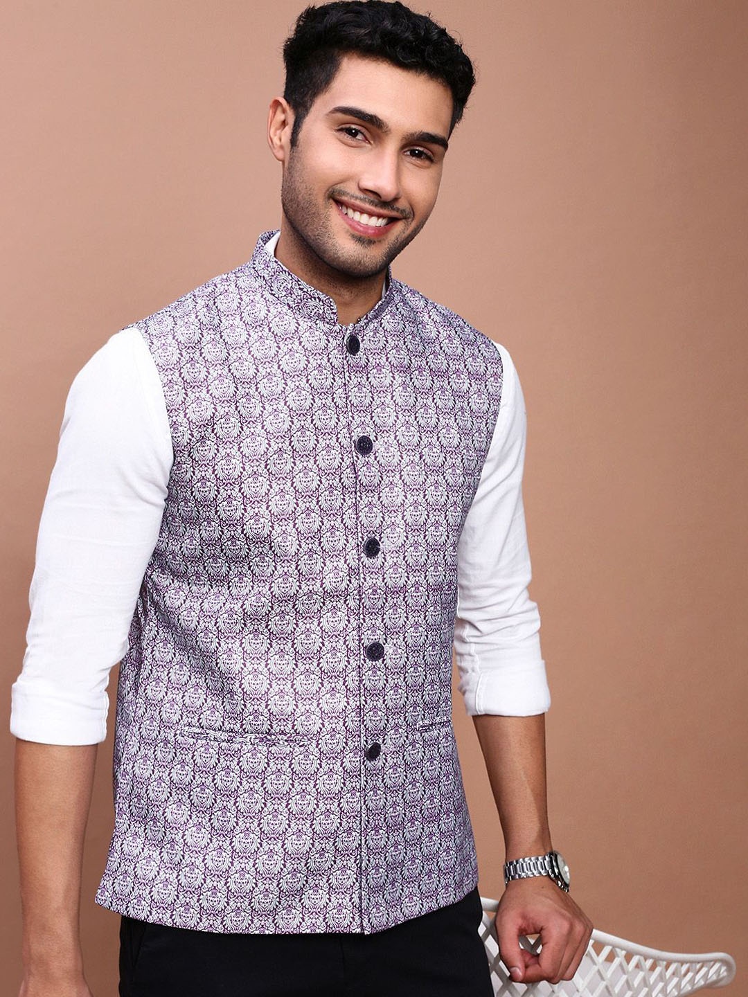 

SHOWOFF Men's Printed Slim Fit Nehru Jacket, Purple