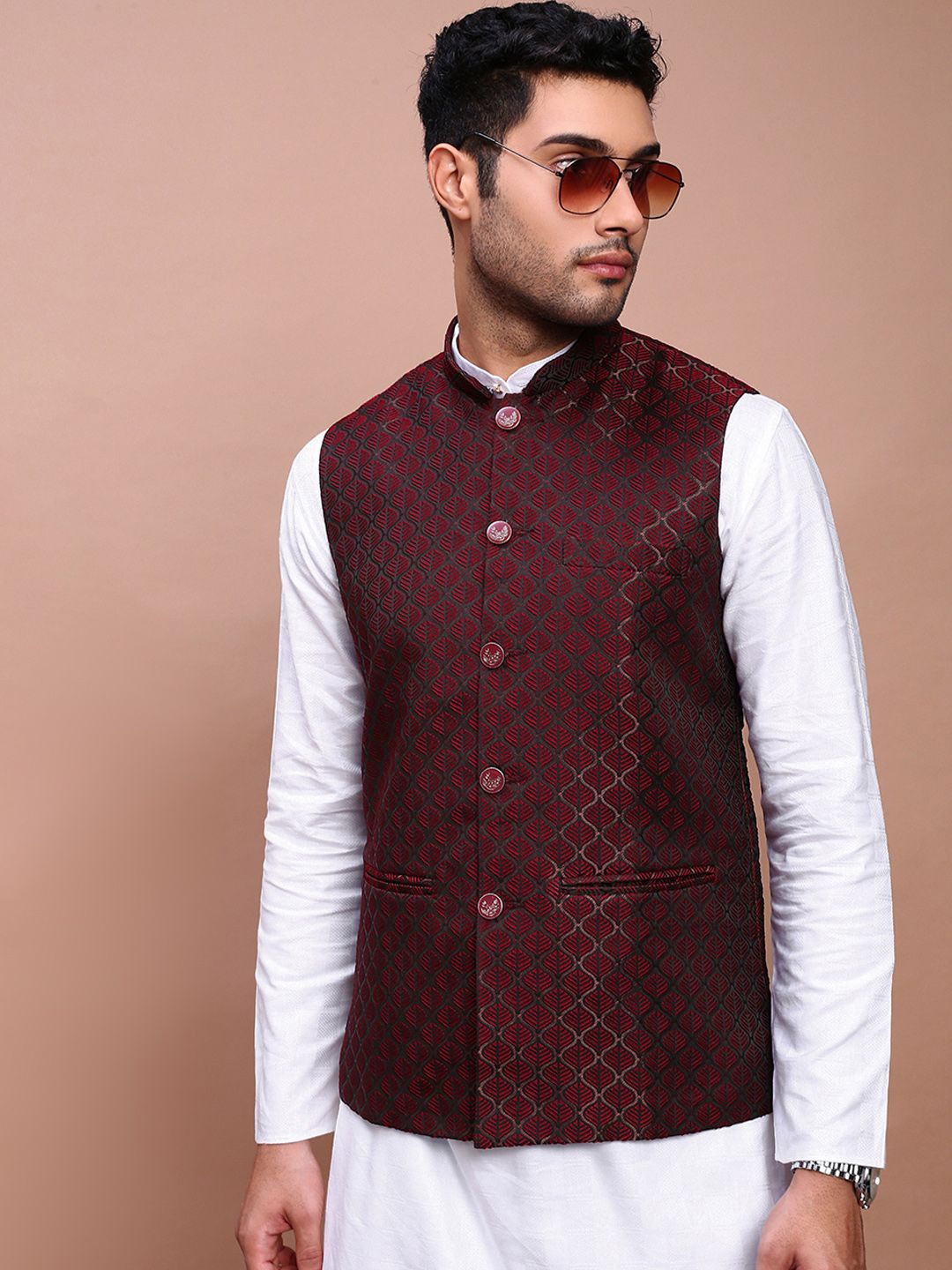 

SHOWOFF Men's Woven Design Slim Fit Nehru Jackets, Maroon