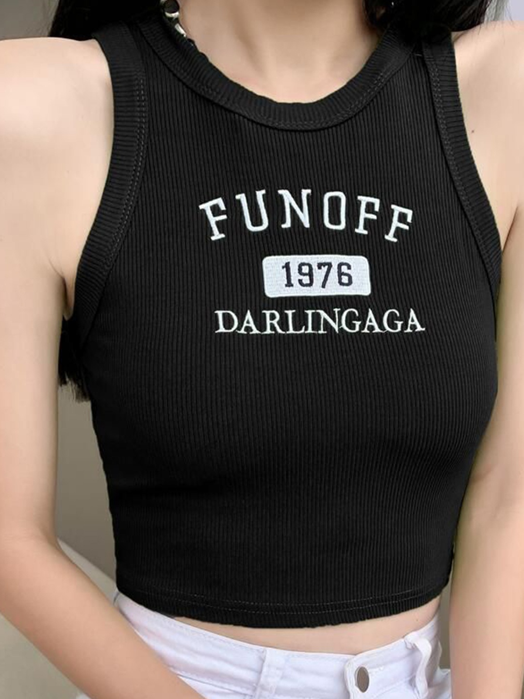 

StyleCast x Revolte Solid Typography Georgette Tank Top, Black