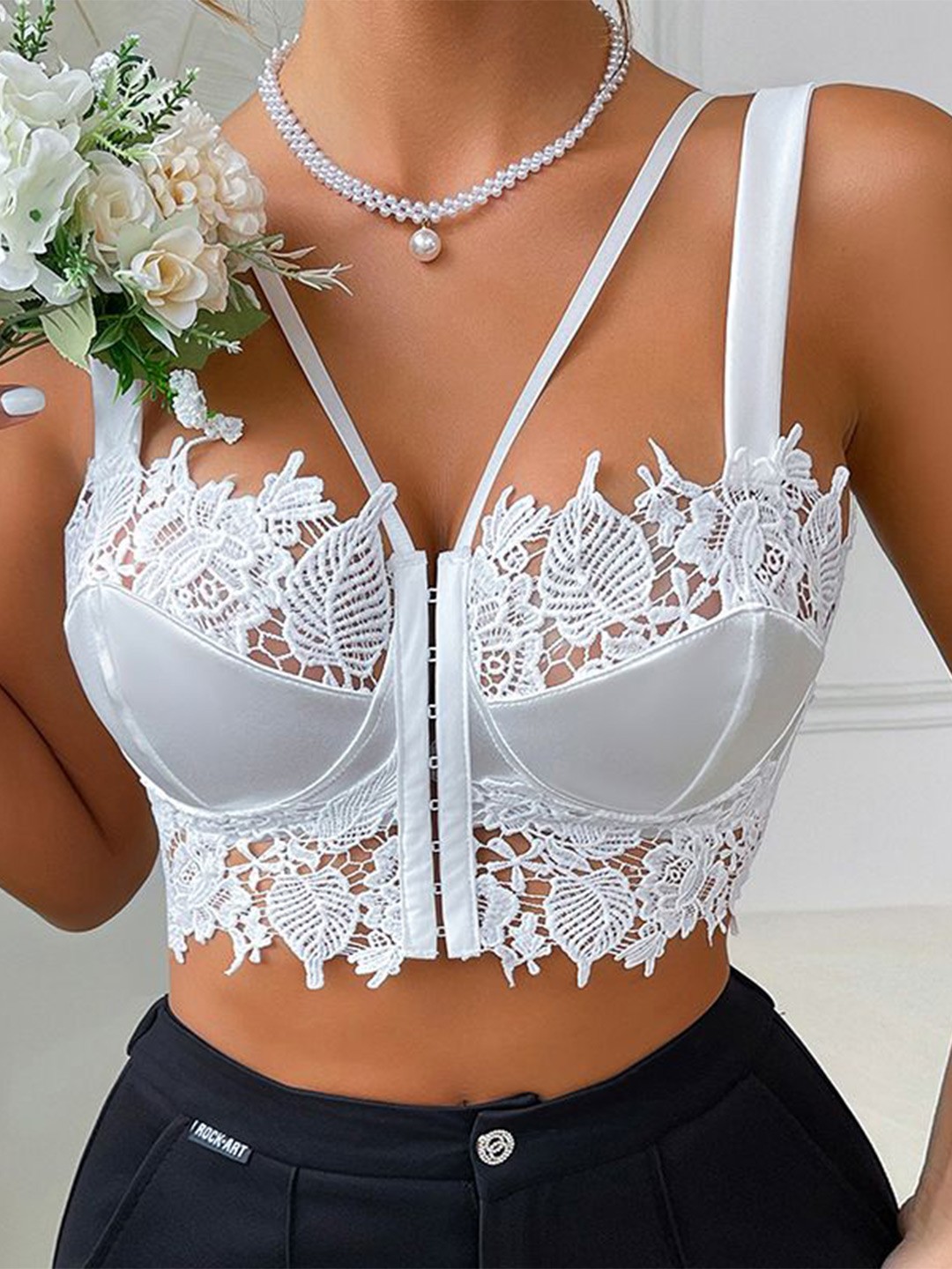 

StyleCast x Revolte Women Solid Floral Lace Styled Back Top, White