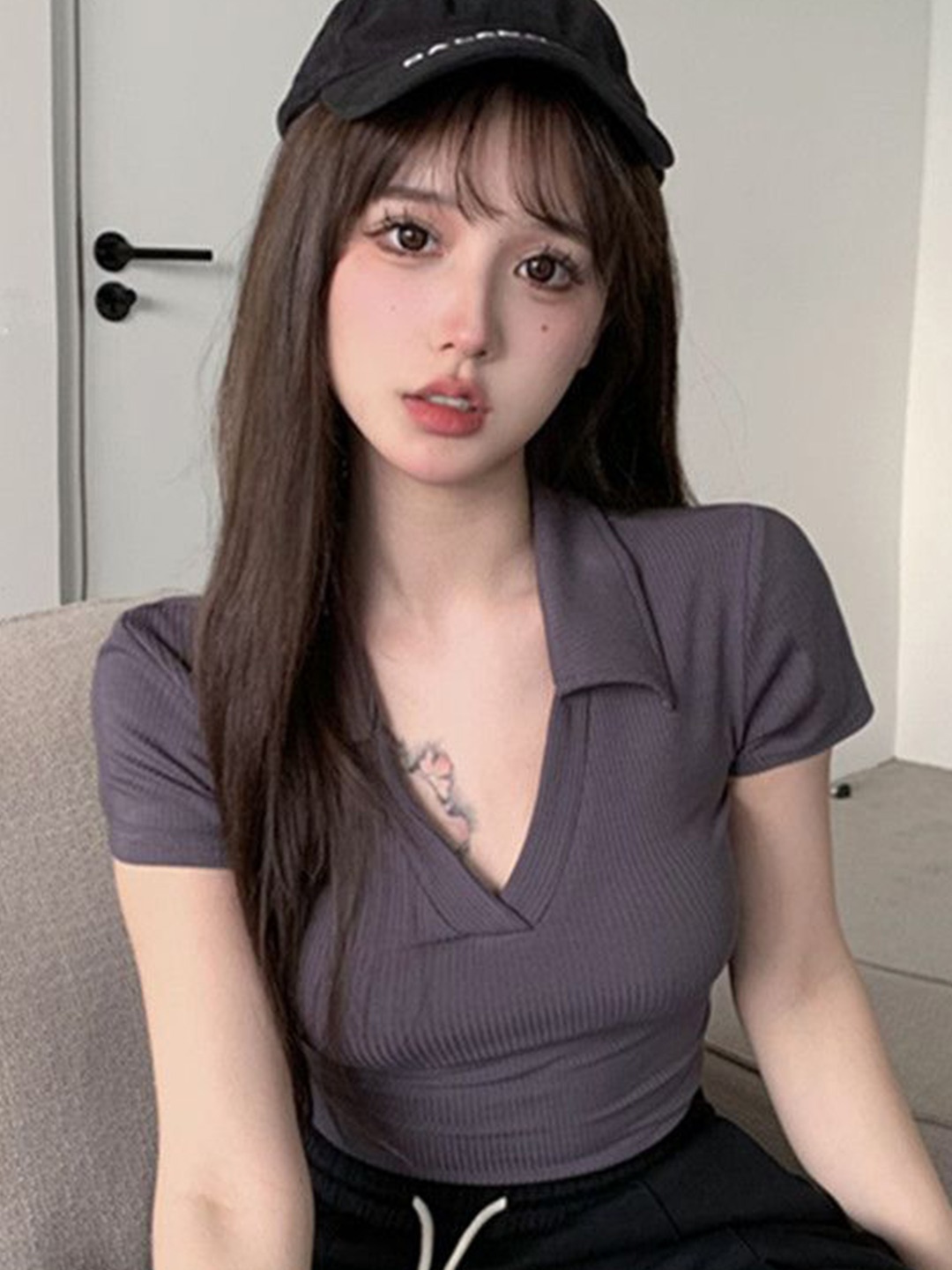 

StyleCast x Revolte Shirt Collar Crop Top, Grey