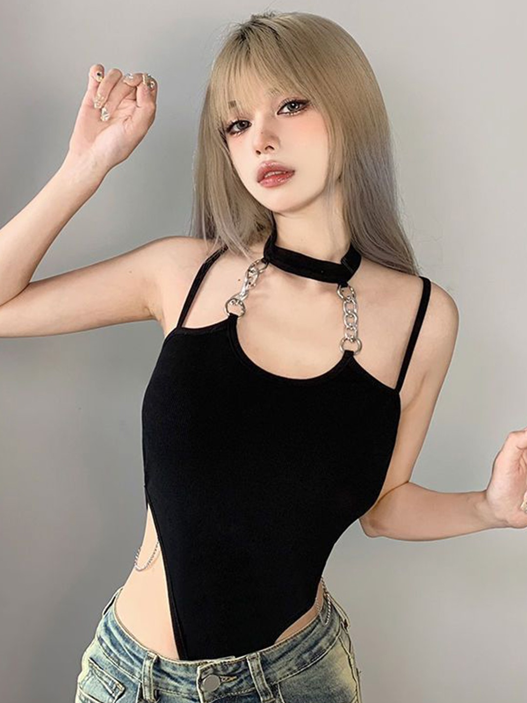 

StyleCast x Revolte Choker Neck Shoulder Straps Top, Black