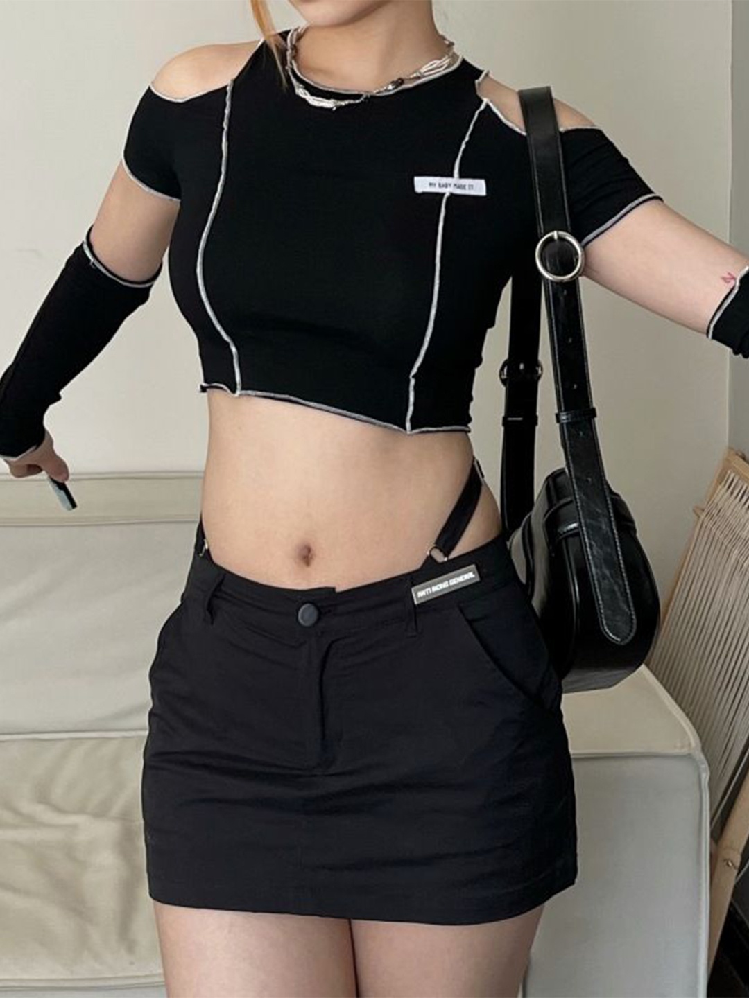 

StyleCast x Revolte Styled Cold-Shoulder Sleeves Back Crop Top, Black