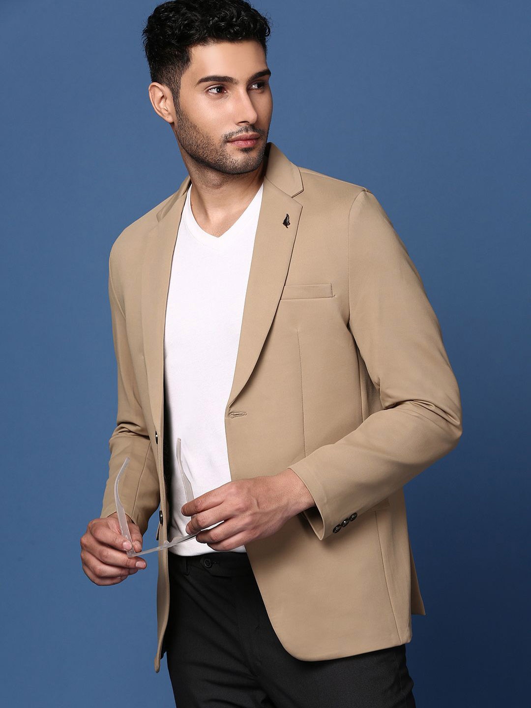 

SHOWOFF Notched Lapel Slim Fit Single Breasted Cotton Blazer, Khaki