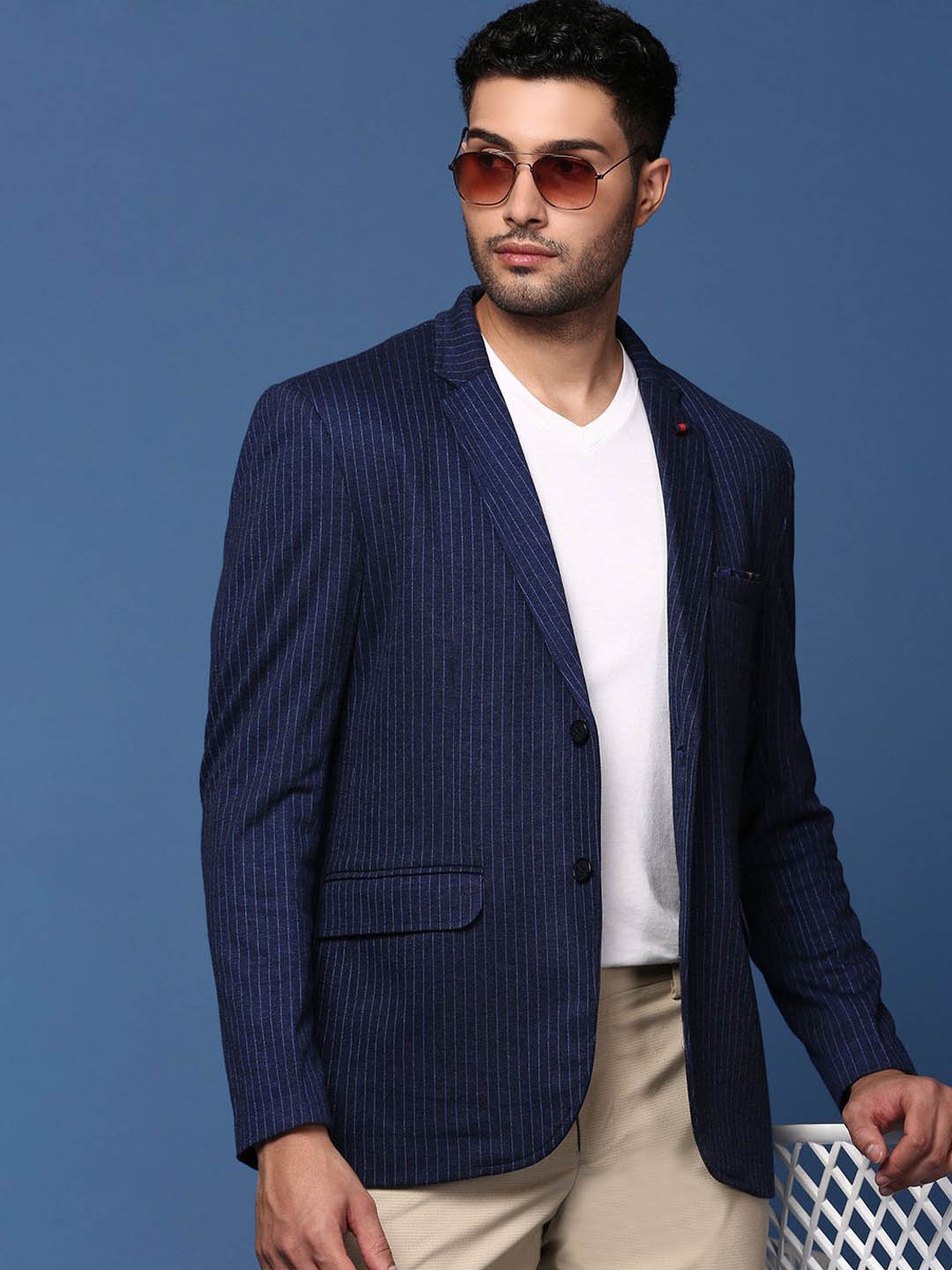 

SHOWOFF Striped Notched Lapel Collar Slim-Fit Single-Breasted Blazer, Navy blue