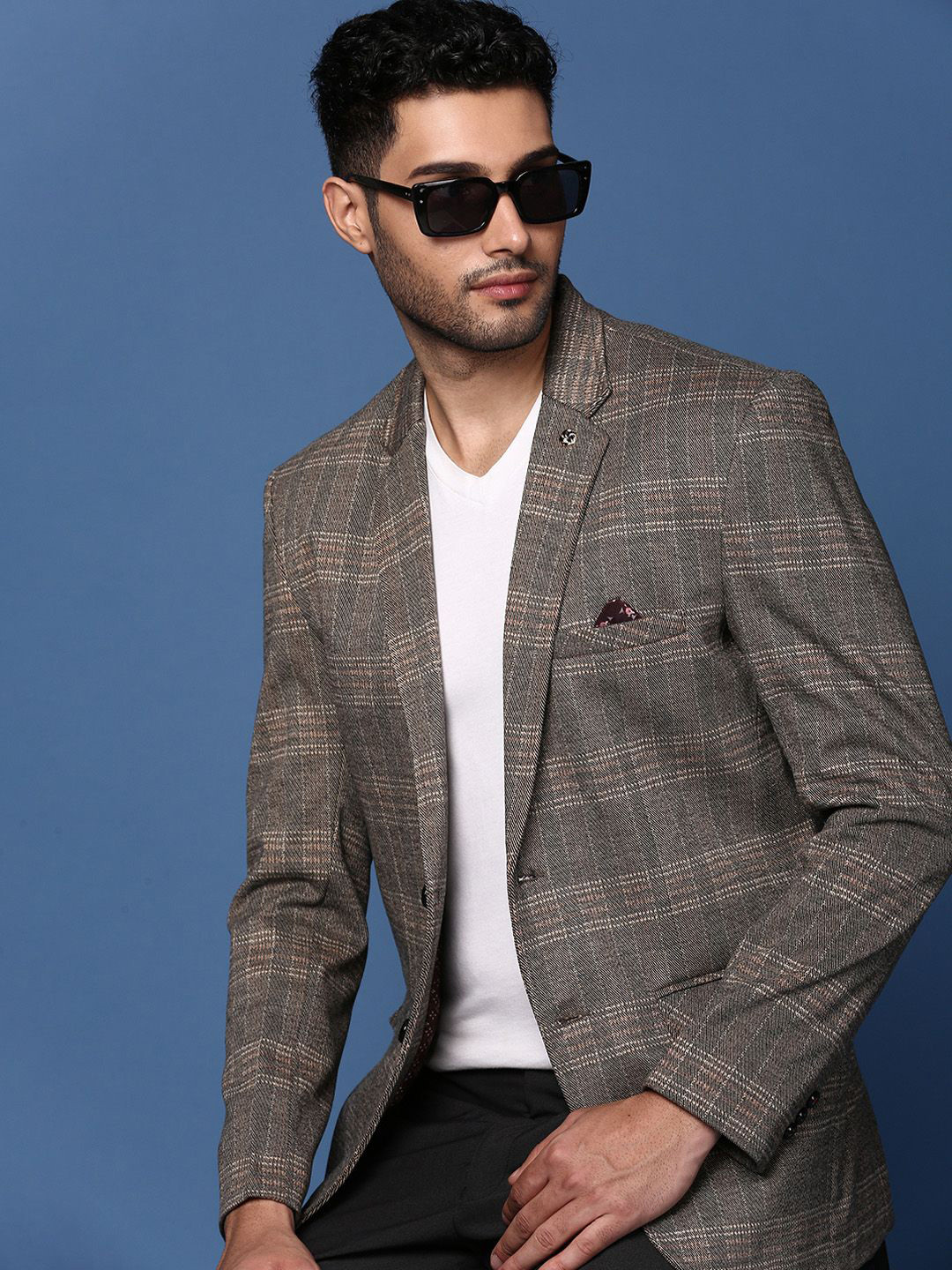 

SHOWOFF Checked Notched Lapel Single Breasted Slim Fit Cotton Blazer, Grey