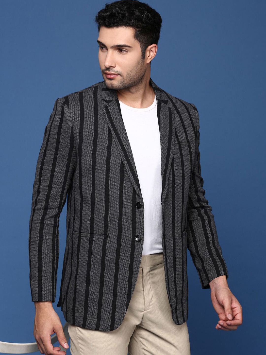 

SHOWOFF Striped Single-Breasted Cotton Slim-Fit Formal Blazer, Grey