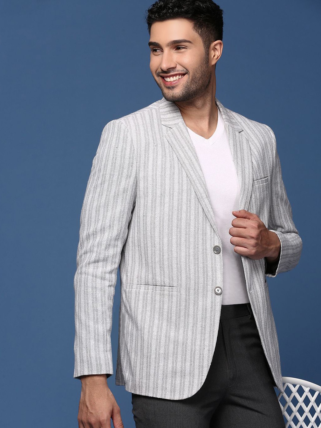 

SHOWOFF Striped Slim-Fit Cotton Single-Breasted Blazer, Grey