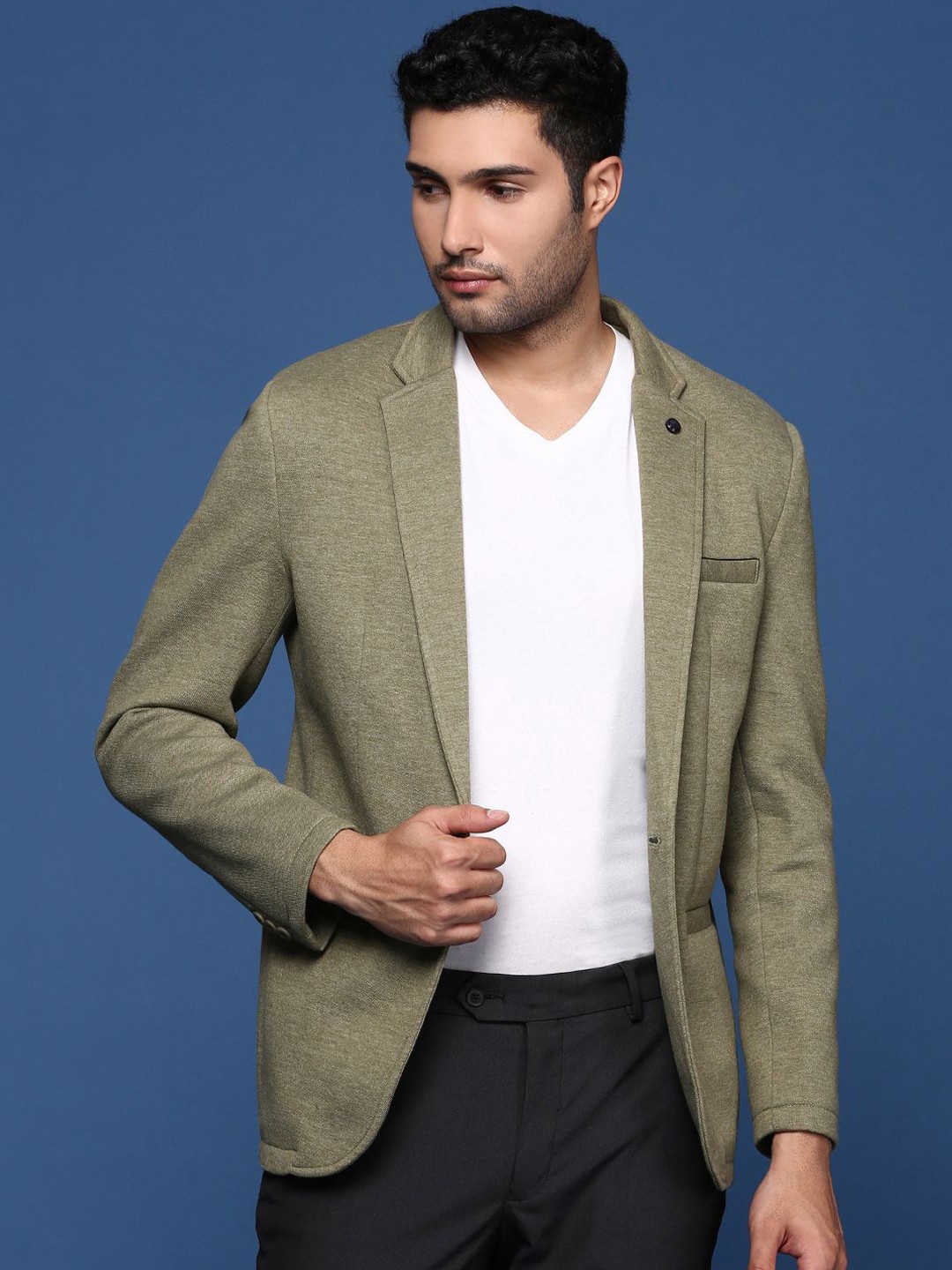 

SHOWOFF Notched Lapel Slim Fit Single Breasted Cotton Blazer, Green