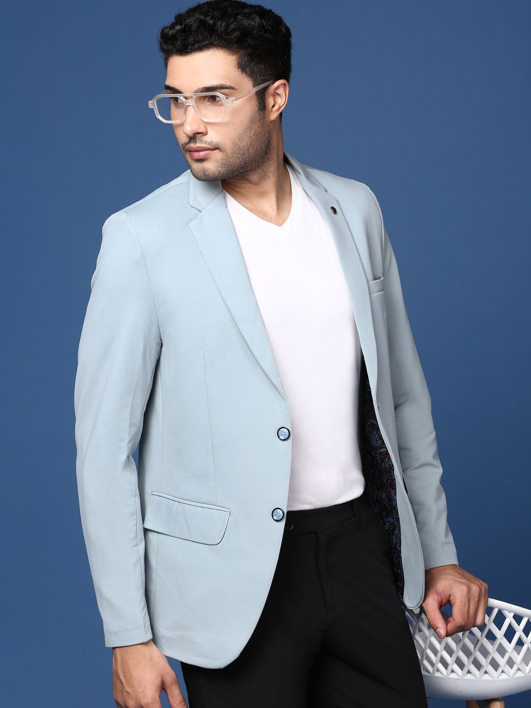 

SHOWOFF Notched Lapel Slim Fit Single Breasted Cotton Blazer, Blue