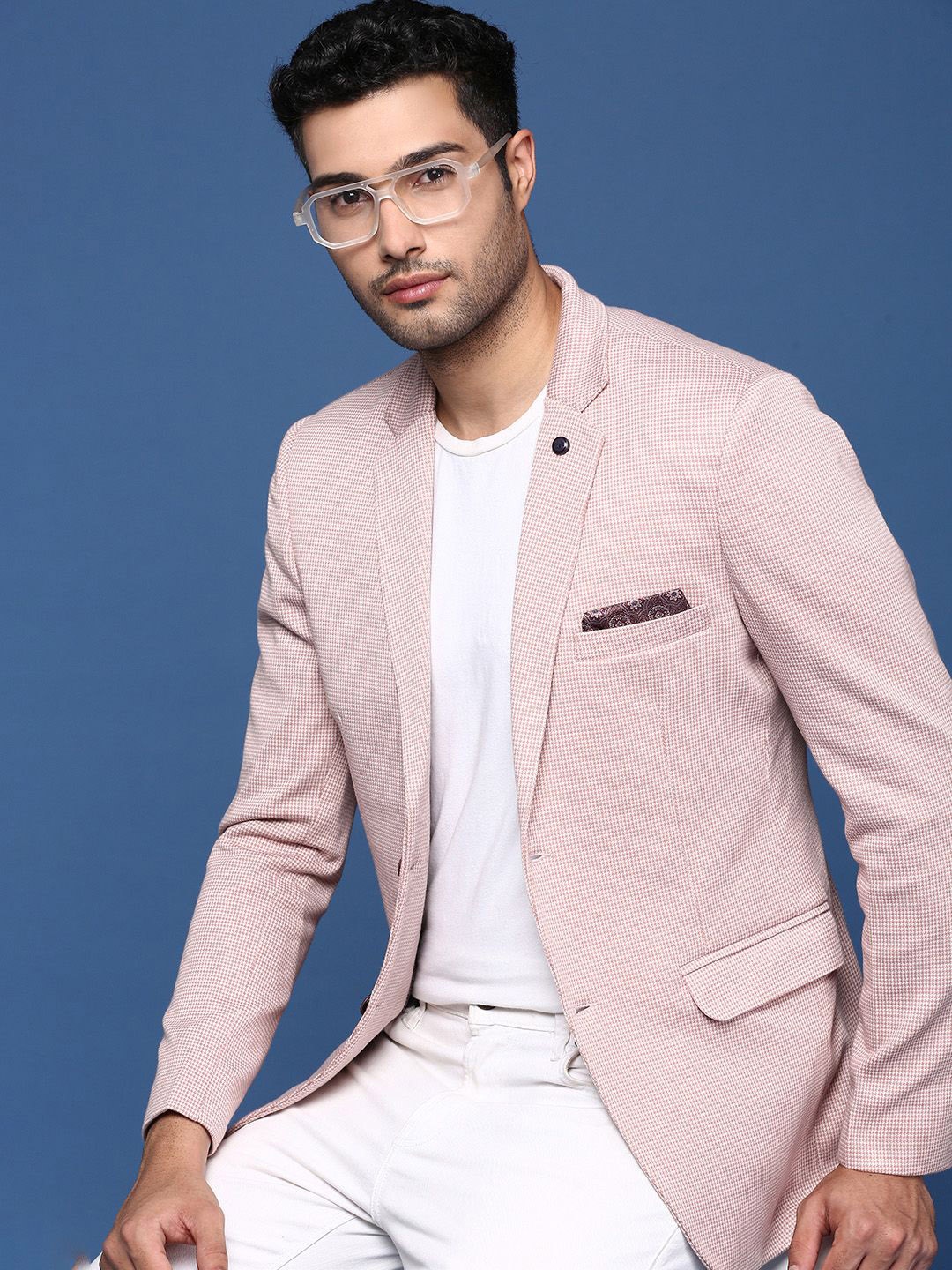 

SHOWOFF Checked Notched Lapel Collar Cotton Slim-Fit Single-Breasted Blazer, White
