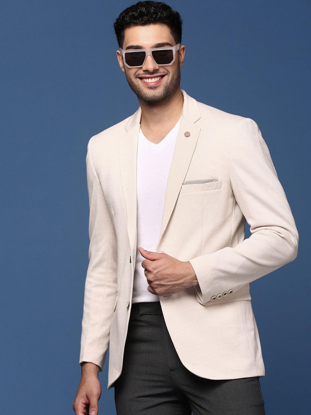 

SHOWOFF Self Design Notched Lapel Slim Fit Single Breasted Cotton Blazer, Cream