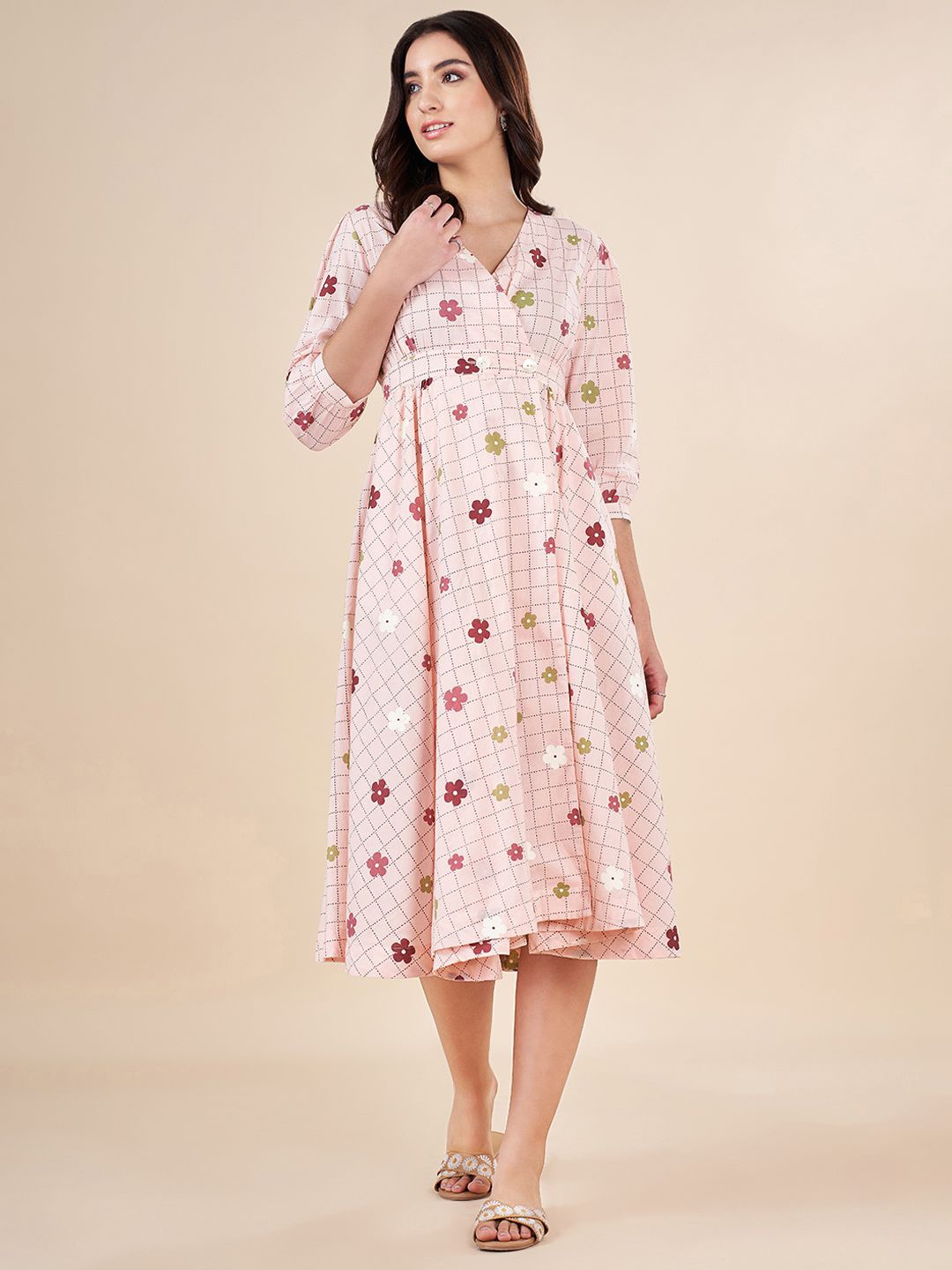 

AKKRITI BY PANTALOONS Floral Print A-Line Midi Dress, Peach