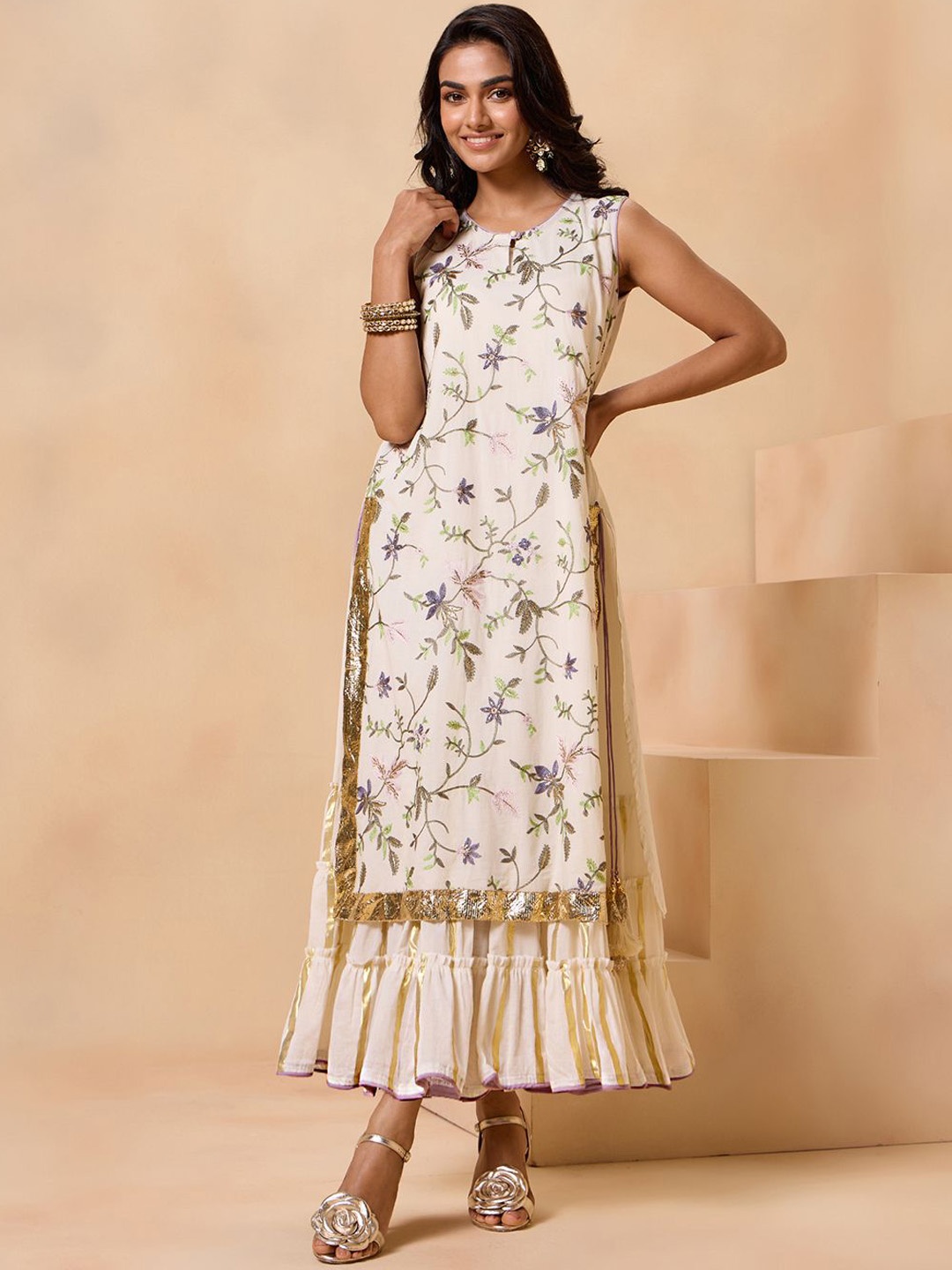 Gajra Gang Floral Layered Thread Work Pure Cotton A-Line Kurta with Inner, Off white