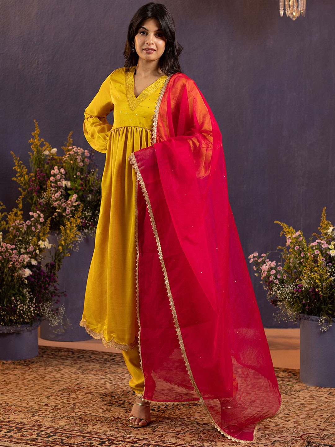 

Gajra Gang Ethnic Motifs Yoke Design Empire Pakistani Style Kurta With Trousers & Dupatta, Mustard