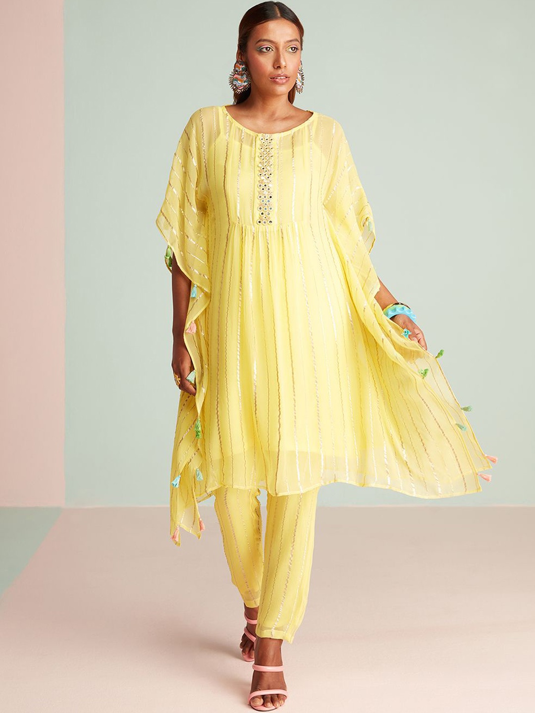 

Gajra Gang Striped Mirror Work Ethnic Tunic With Trousers, Yellow