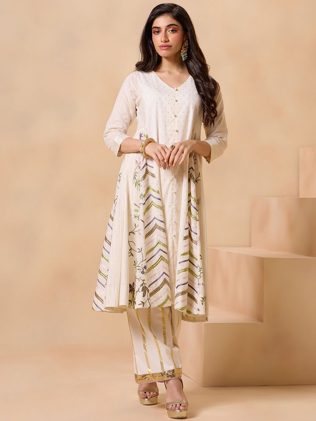 

Gajra Gang Ethnic Motifs Embroidered Panelled Pure Cotton A-Line Kurta With Palazzos, Off white