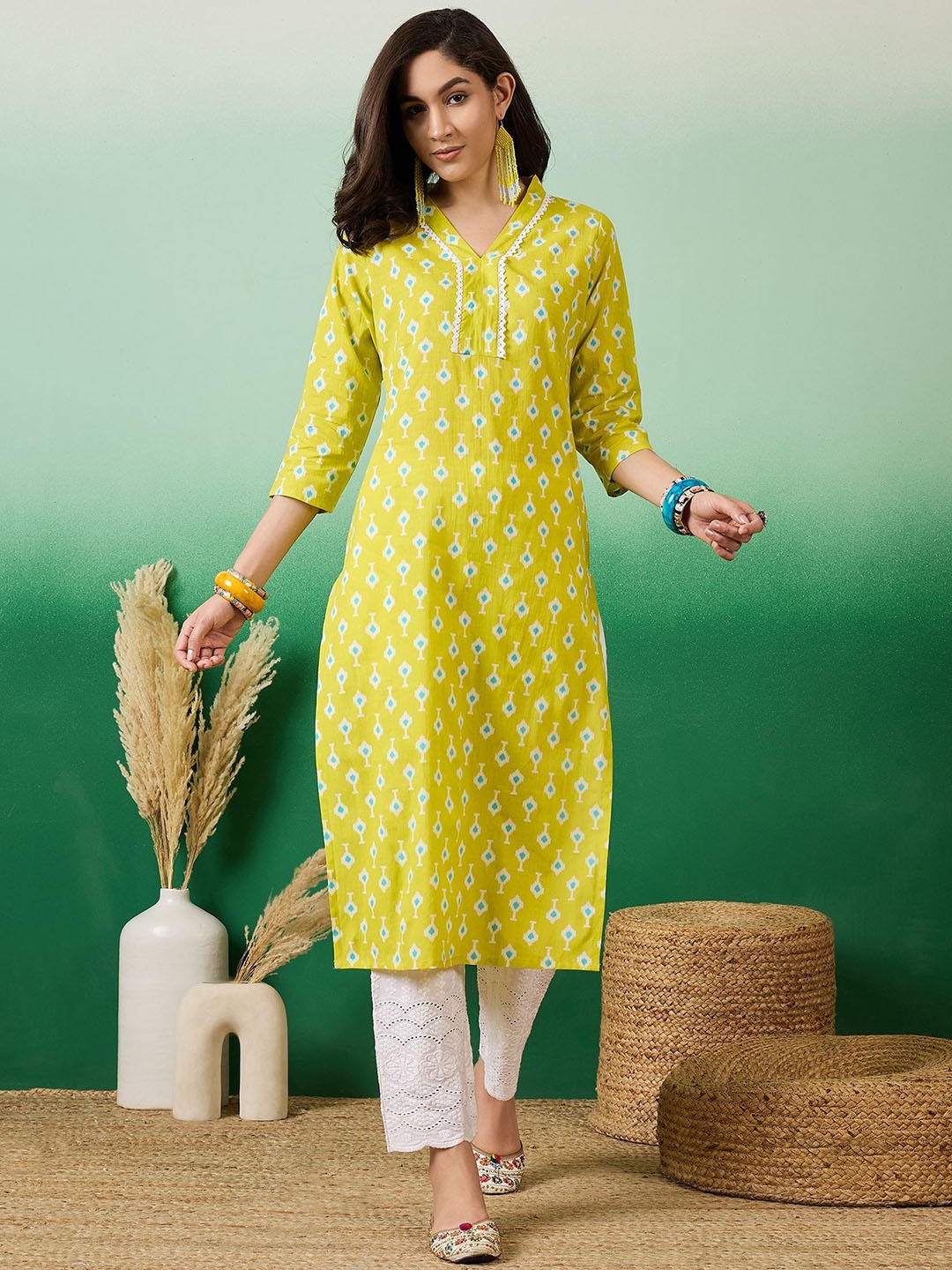 

Sangria Lime Green & White Ethnic Motifs Printed V-Neck Cotton Straight Kurta