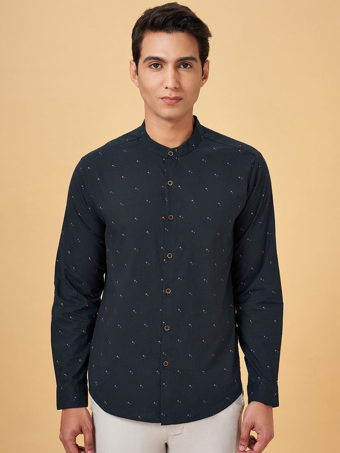 

indus route by Pantaloons Geometric Printed Band Collar Straight Cotton Kurta, Teal