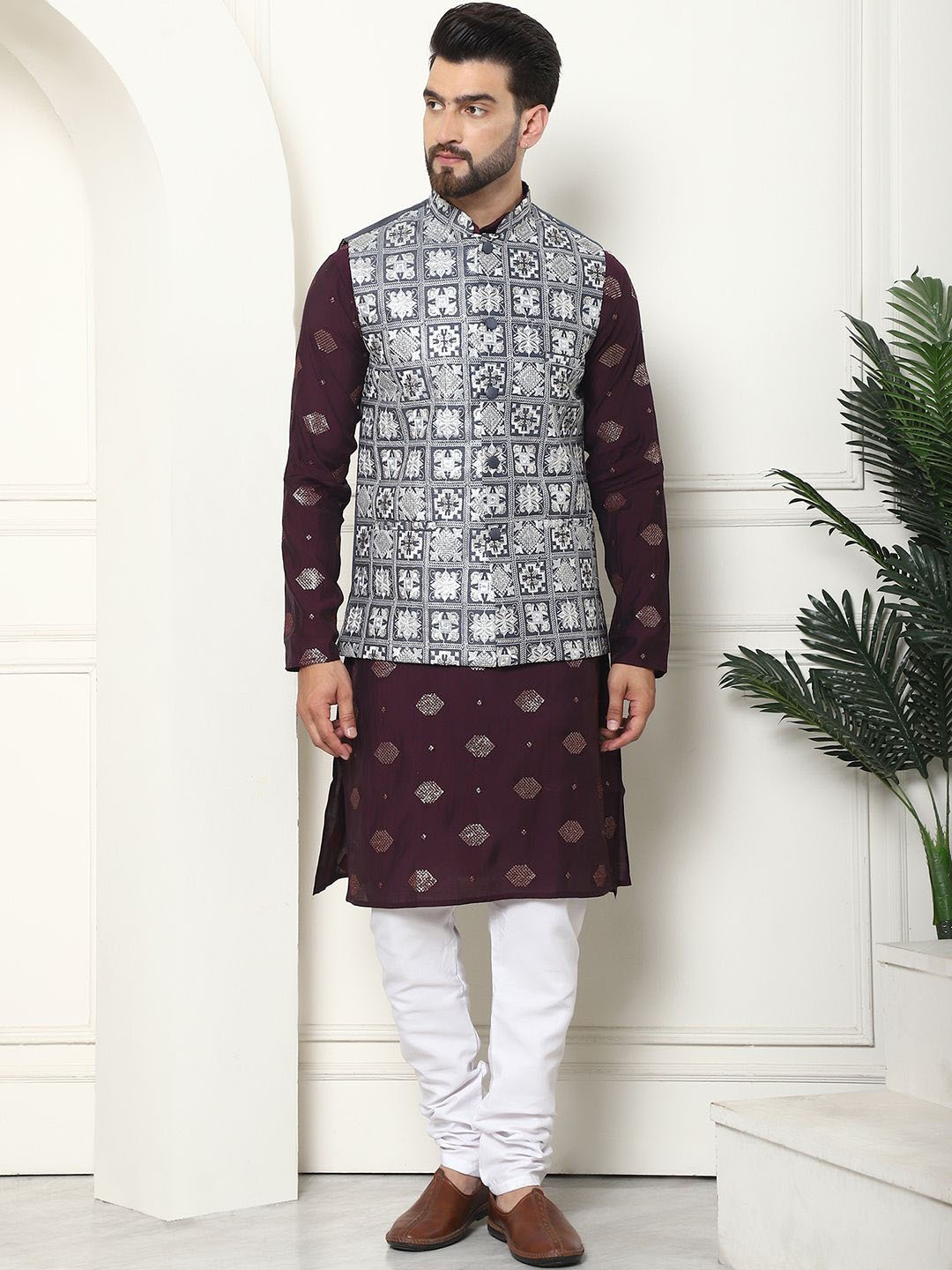 

SOJANYA Geometric Embroidered Sequinned Cotton Silk Kurta With Churidar & Nehru Jacket, Purple