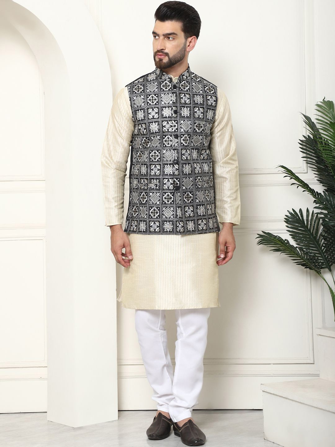 

SOJANYA Striped Thread Work Kurta With Churidar & Embroidered Nehru Jacket, Cream