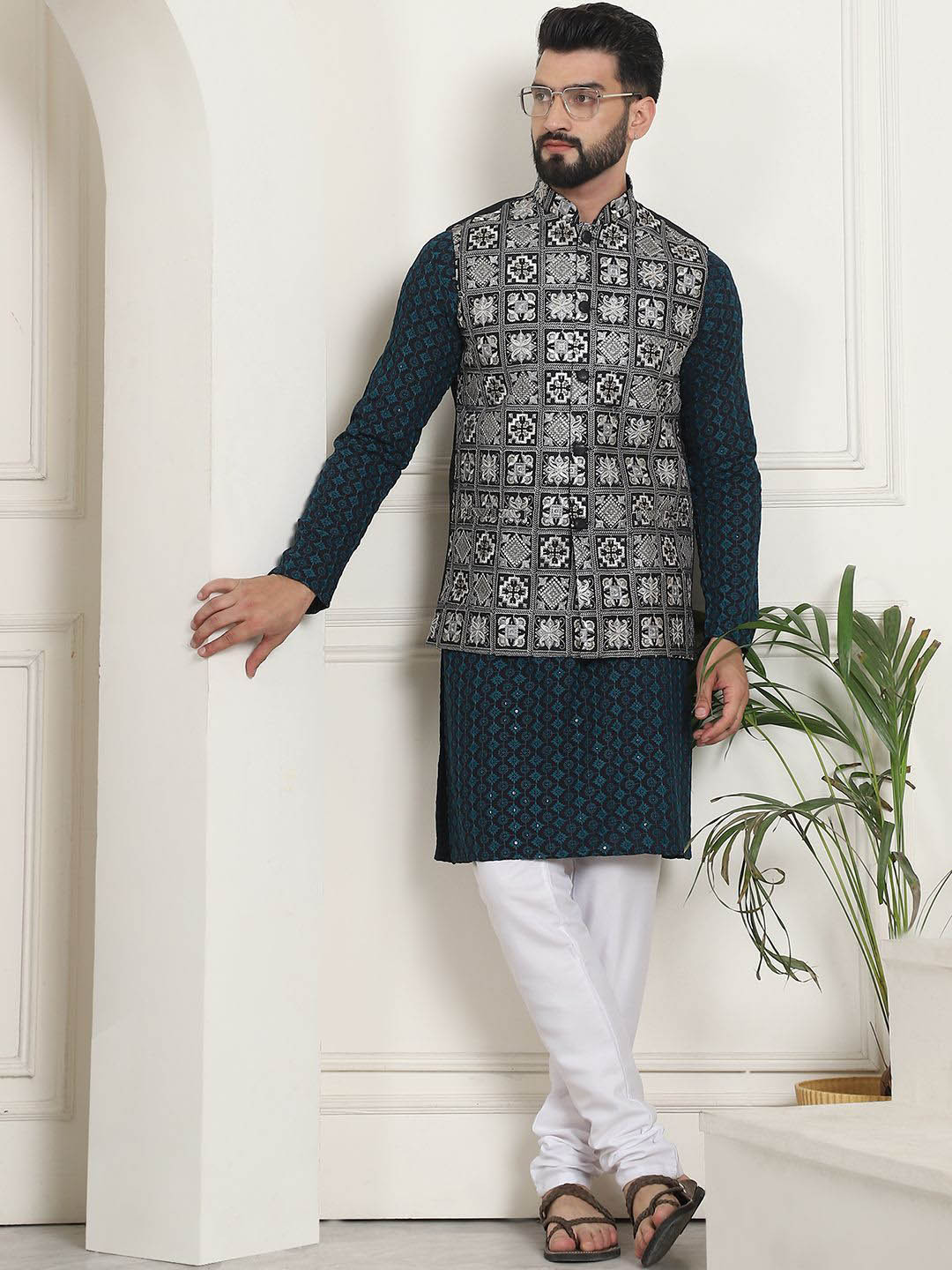 

SOJANYA Embroidered Regular Sequinned Pure Cotton Kurta with Churidar & Nehru Jacket, Teal