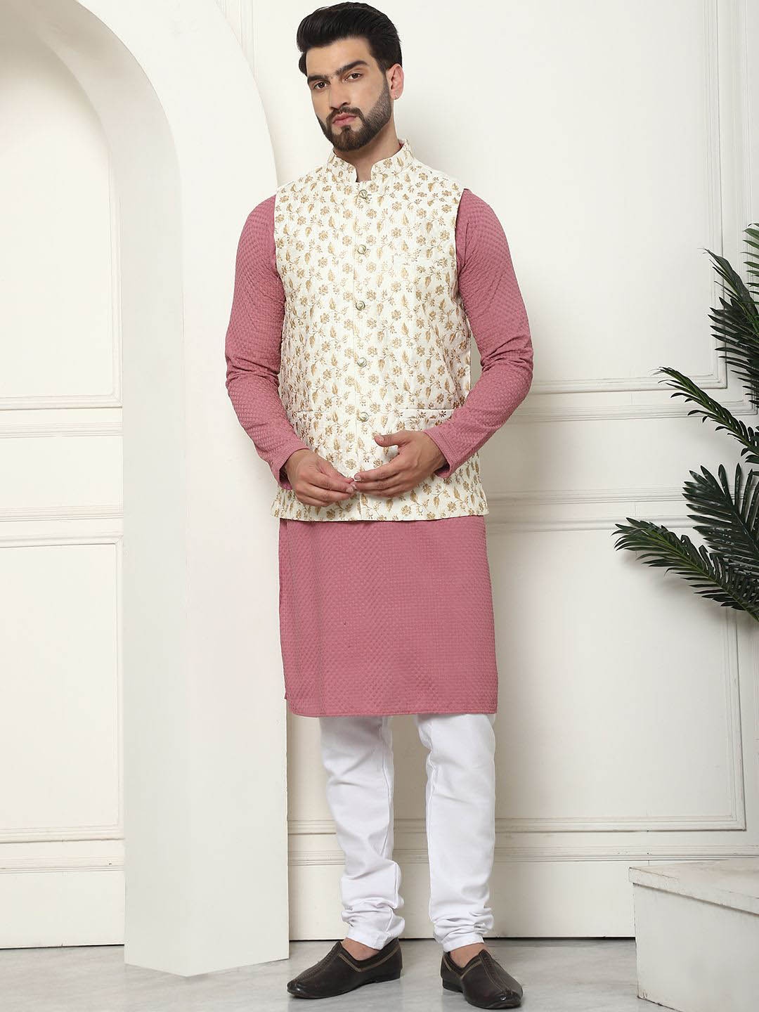 

SOJANYA Regular Thread Work Pure Cotton Kurta with Churidar & Nehru Jacket, Coral