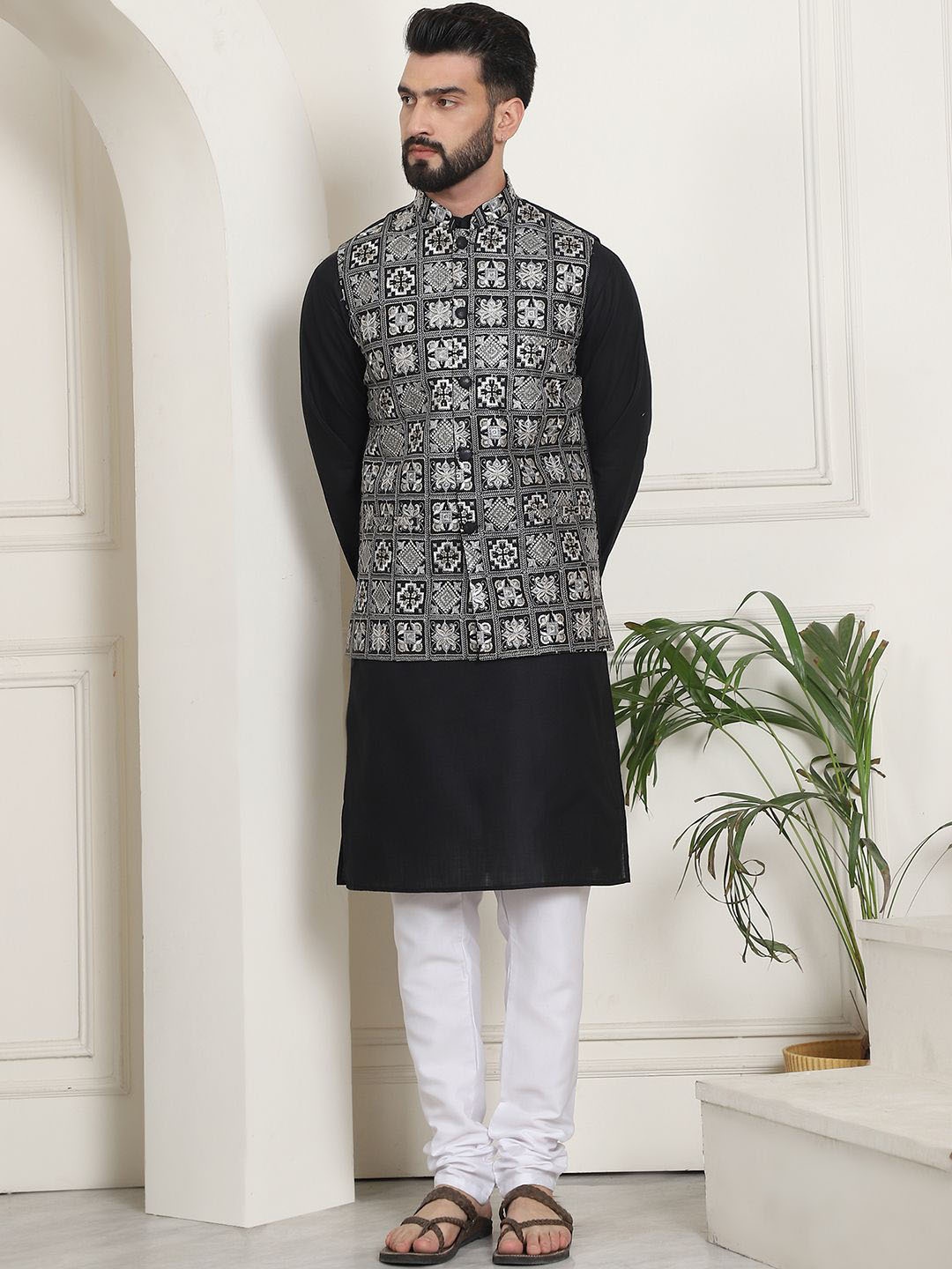 

SOJANYA Mandarin Collar Pure Cotton Kurta With Churidar & Embroidered Nehru Jacket, Black