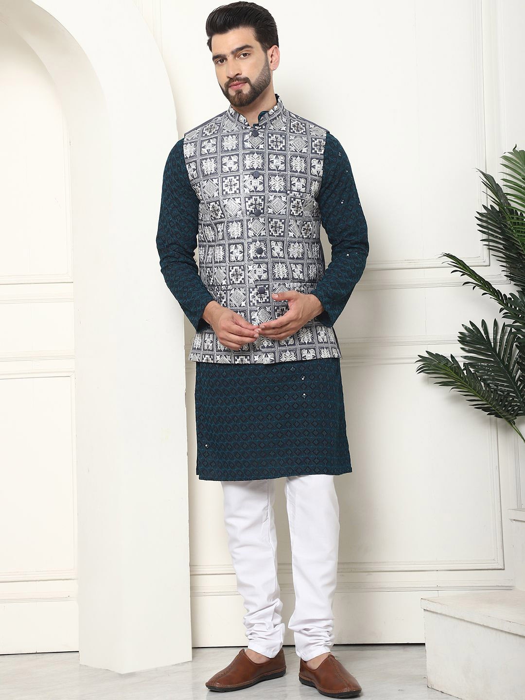 

SOJANYA Geometric Embroidered Sequinned Cotton Silk Kurta With Churidar & Nehru Jacket, Teal