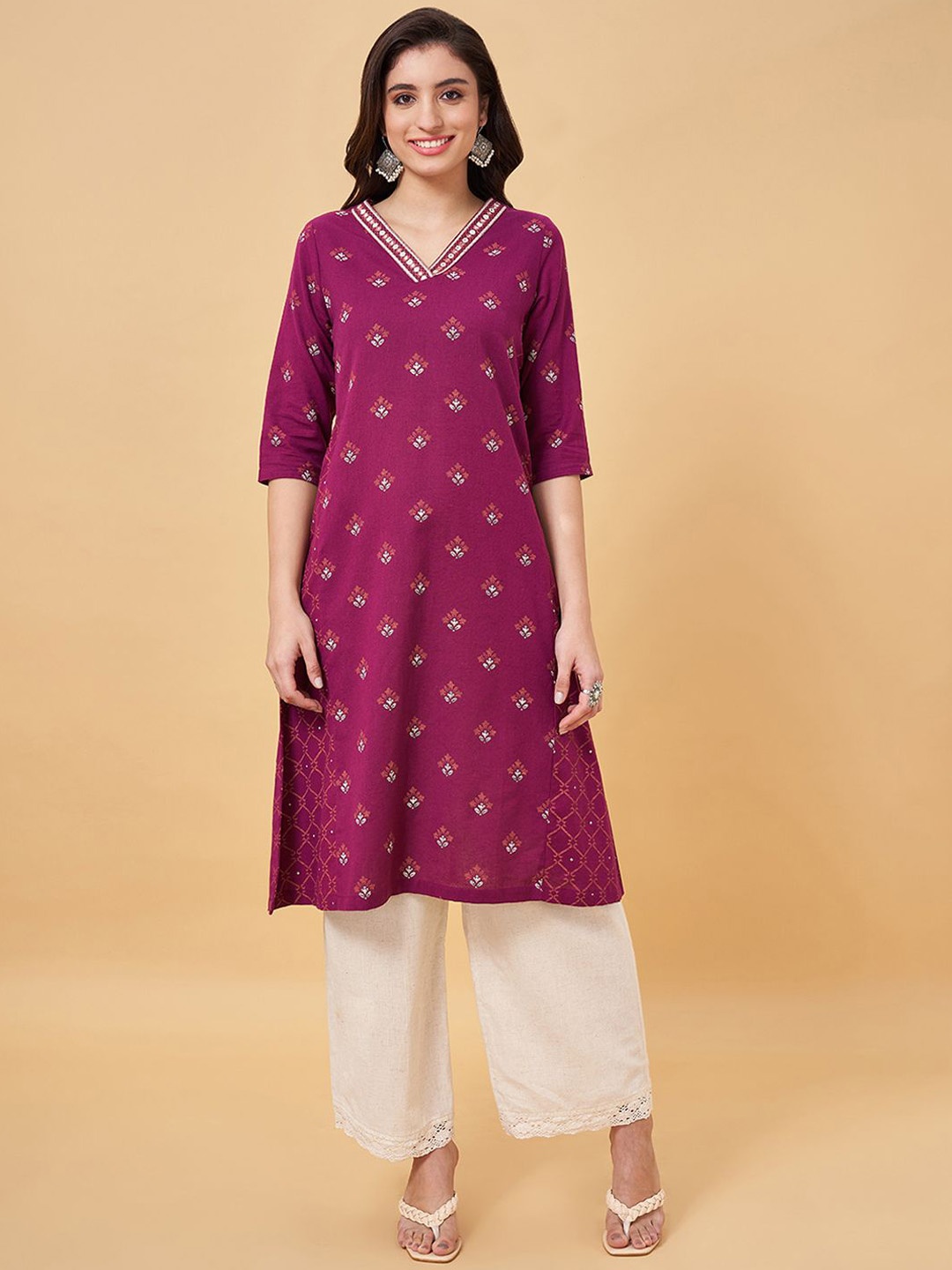 

RANGMANCH BY PANTALOONS Ethnic Motifs Printed Thread Work Cotton A-Line Kurta, Red