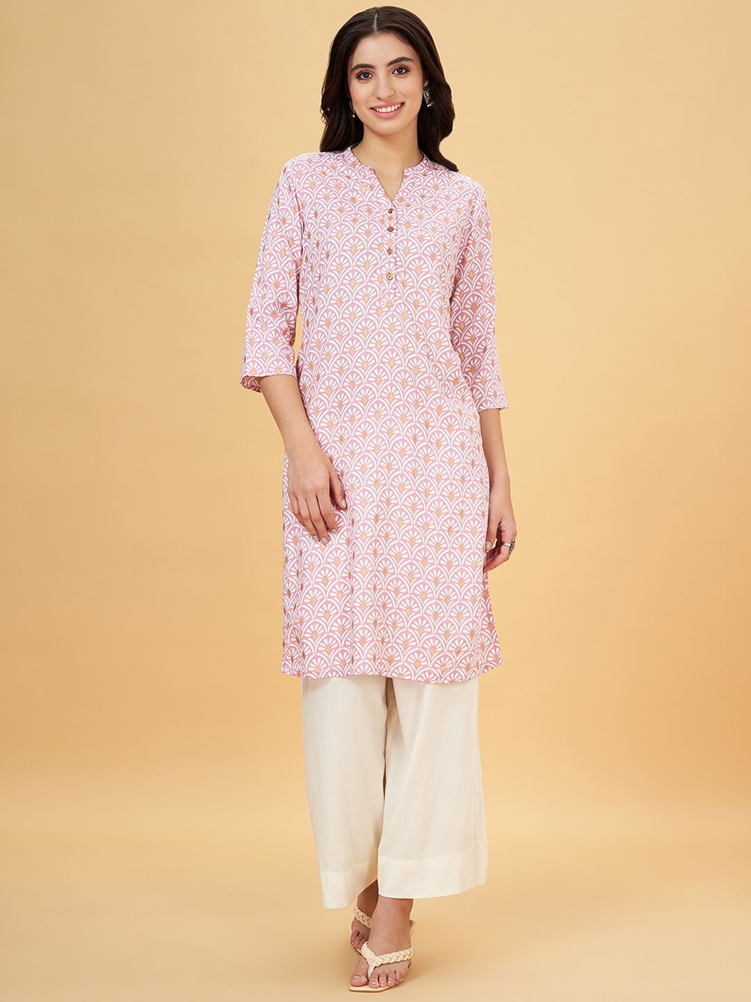 

RANGMANCH BY PANTALOONS Ethnic Motifs Printed Straight Kurta, Pink