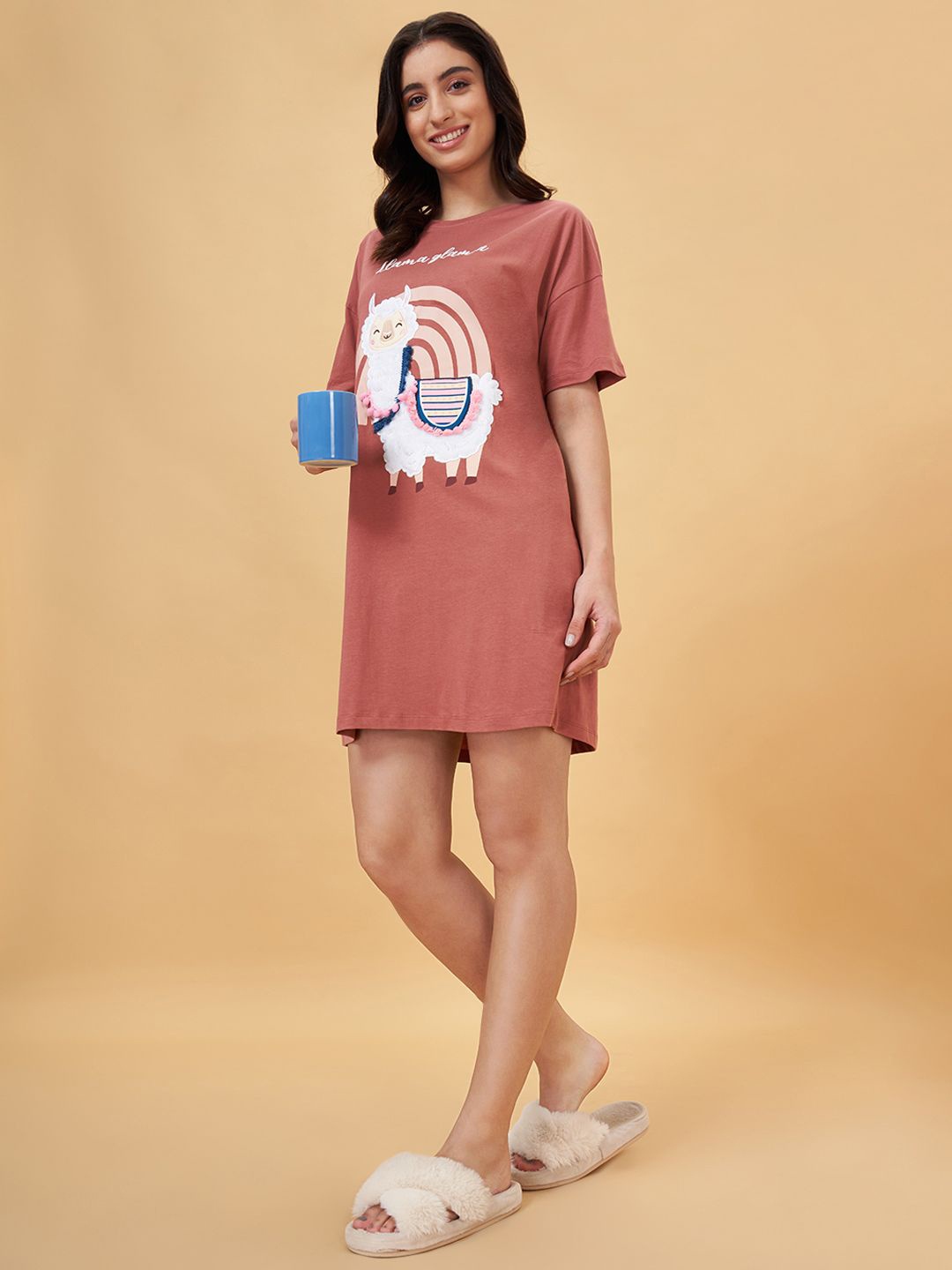 

Dreamz by Pantaloons Printed Round Neck Pure Cotton Nightdress, Rust