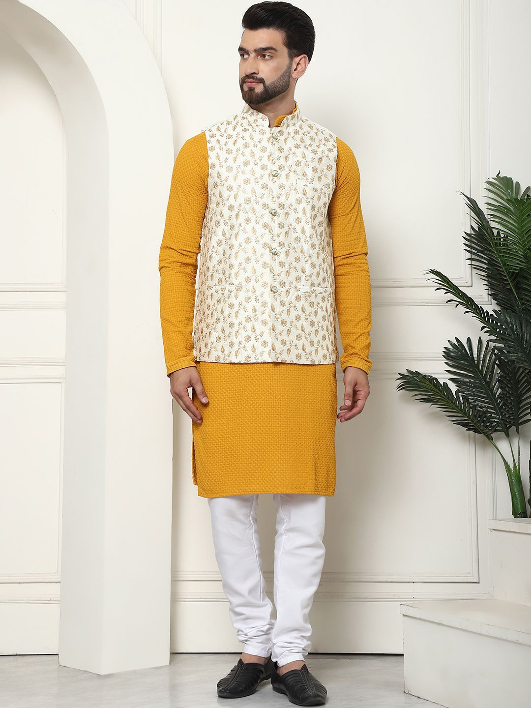 

SOJANYA Embroidered Thread Work Pure Cotton Kurta With Churidar & Nehru Jacket, Mustard