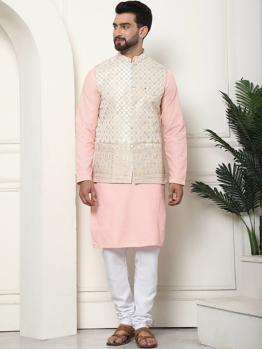 

SOJANYA Regular Pure Cotton Straight Kurta with Churidar & Jacket Set, Peach