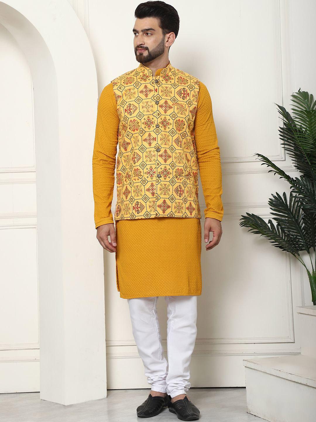 

SOJANYA Men Regular Pure Cotton Kurta with Churidar, Mustard
