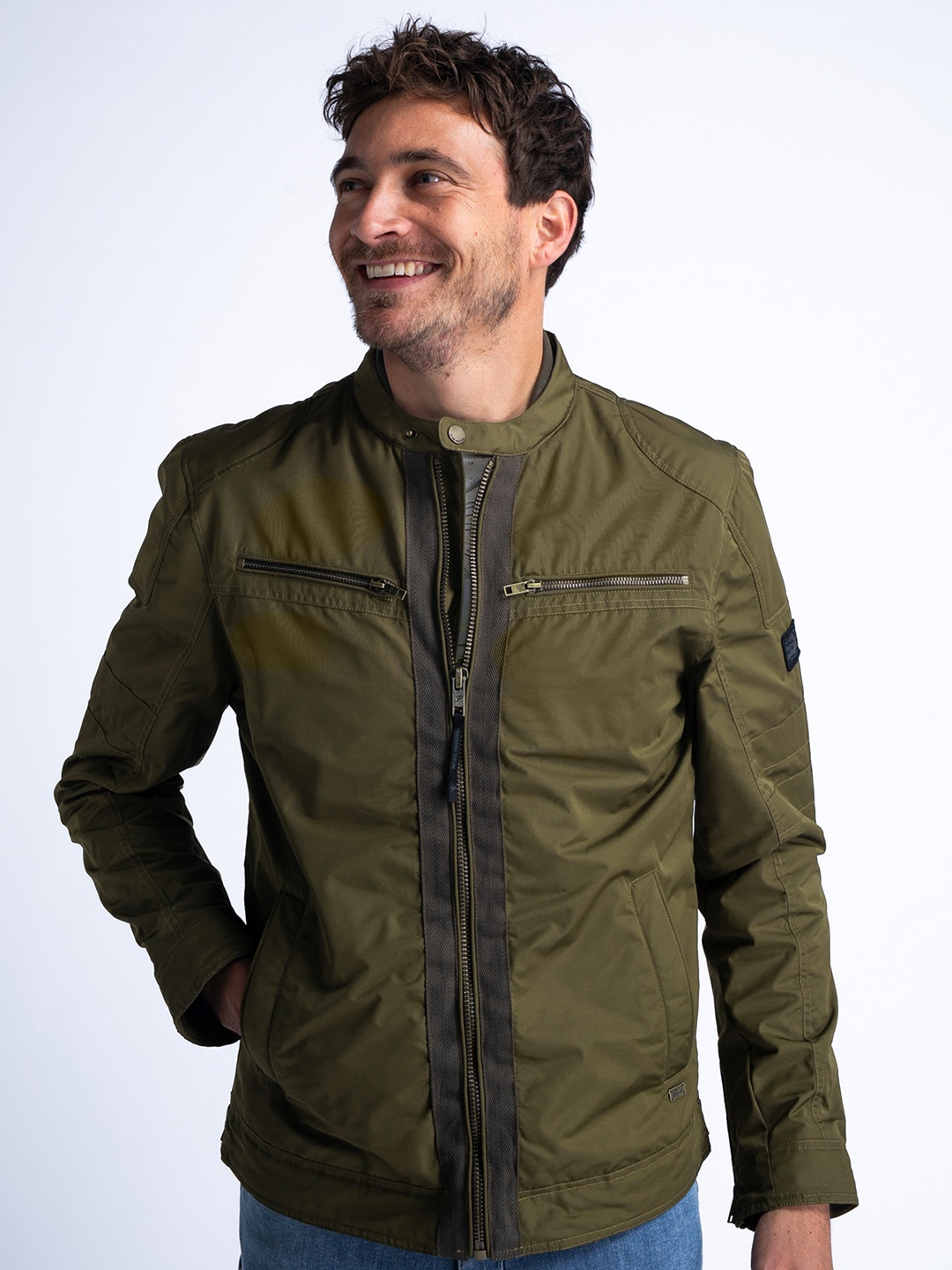 

Petrol Mandarin Collar Biker Jacket, Olive