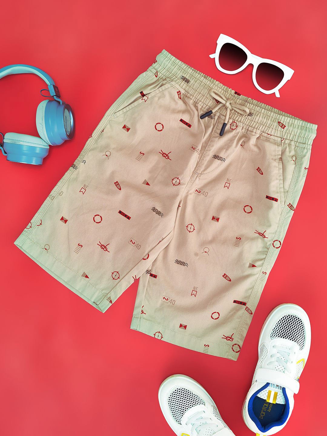 

Pantaloons Junior Boys Printed Mid Rise Pure Cotton Shorts, Khaki