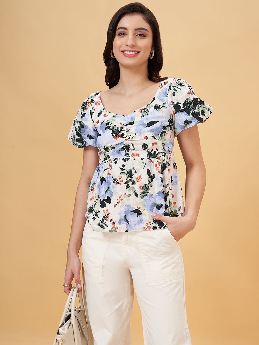 

Honey by Pantaloons floral printed sweetheart neck bishop sleeves smocking peplum Top, White