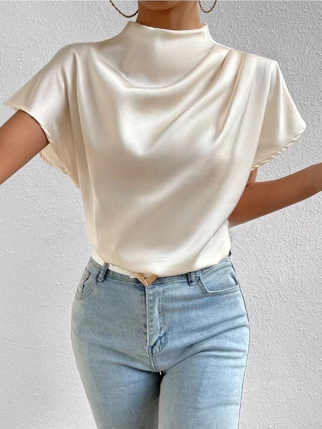 

StyleCast Women Solid White Halter Neck Flared Sleeve Satin Top