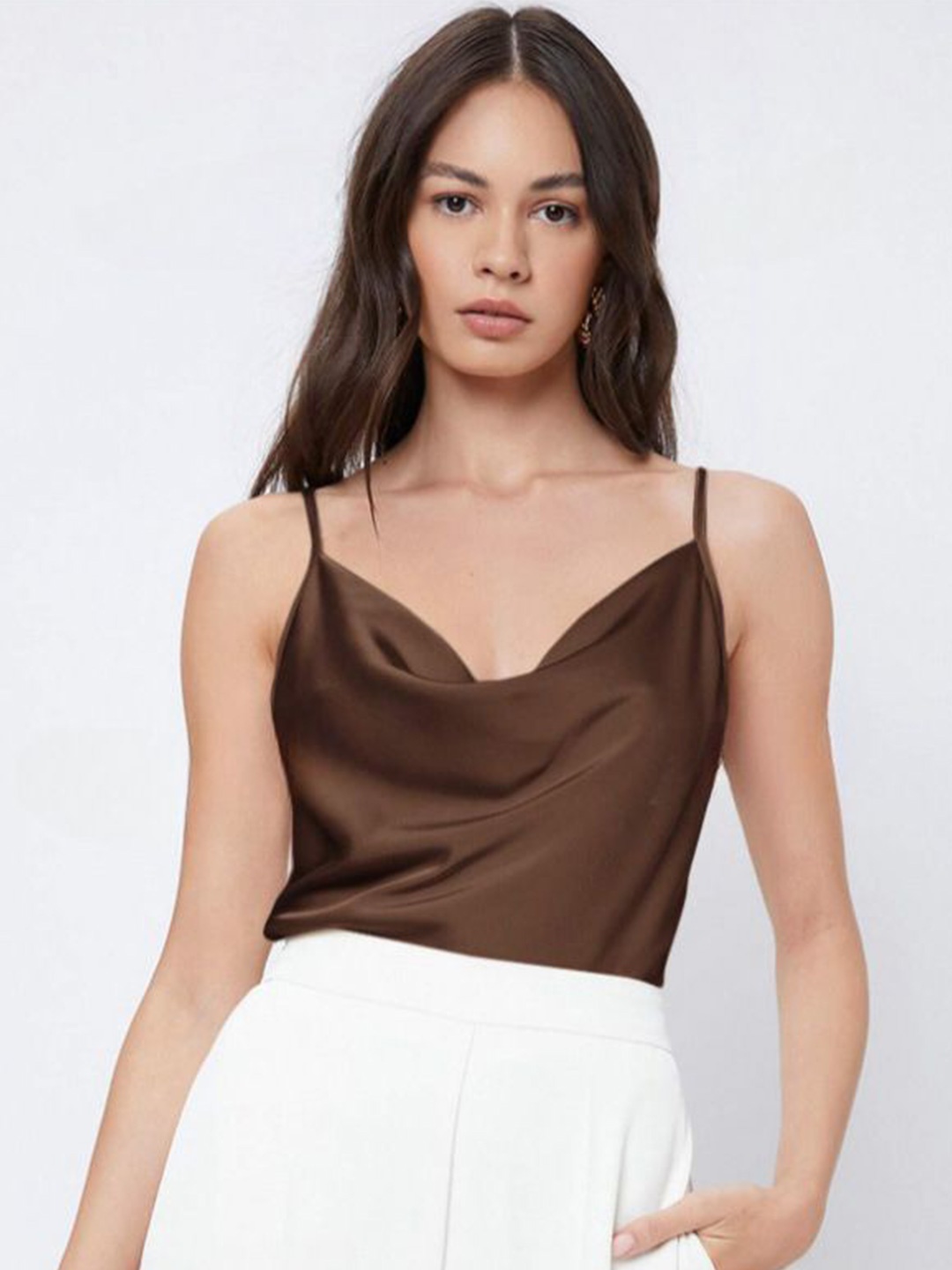 

StyleCast Cowl Neck Shoulder Straps solid Top, Brown