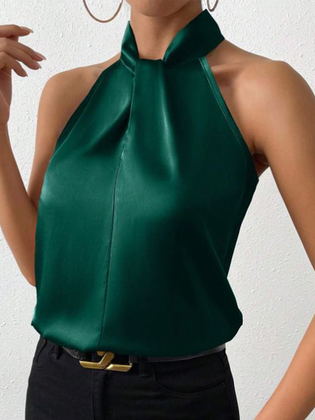 

StyleCast Halter Neck Solid Sleeveless Neck Satin Top, Green