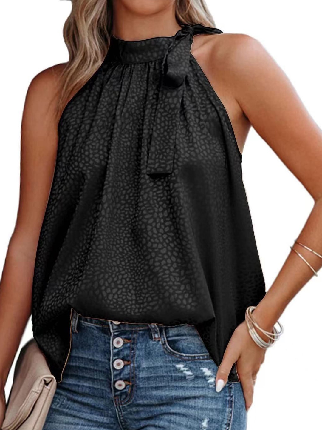 

StyleCast Women Black High Neck Graphic Print Satin Blouson Top