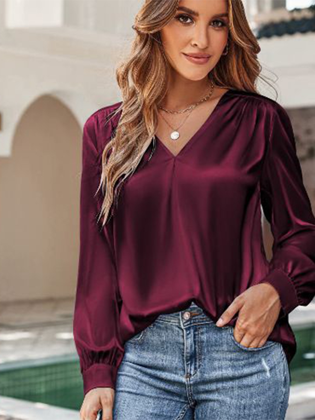 

StyleCast Solid Satin Long Sleeves Top, Magenta